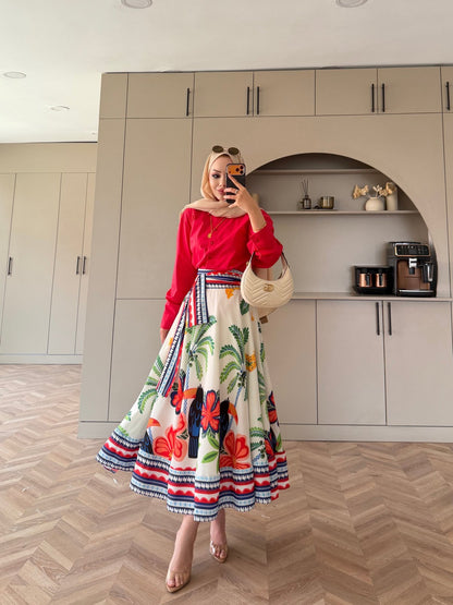 Poplin shirt with belted printed skirt co-ord set
