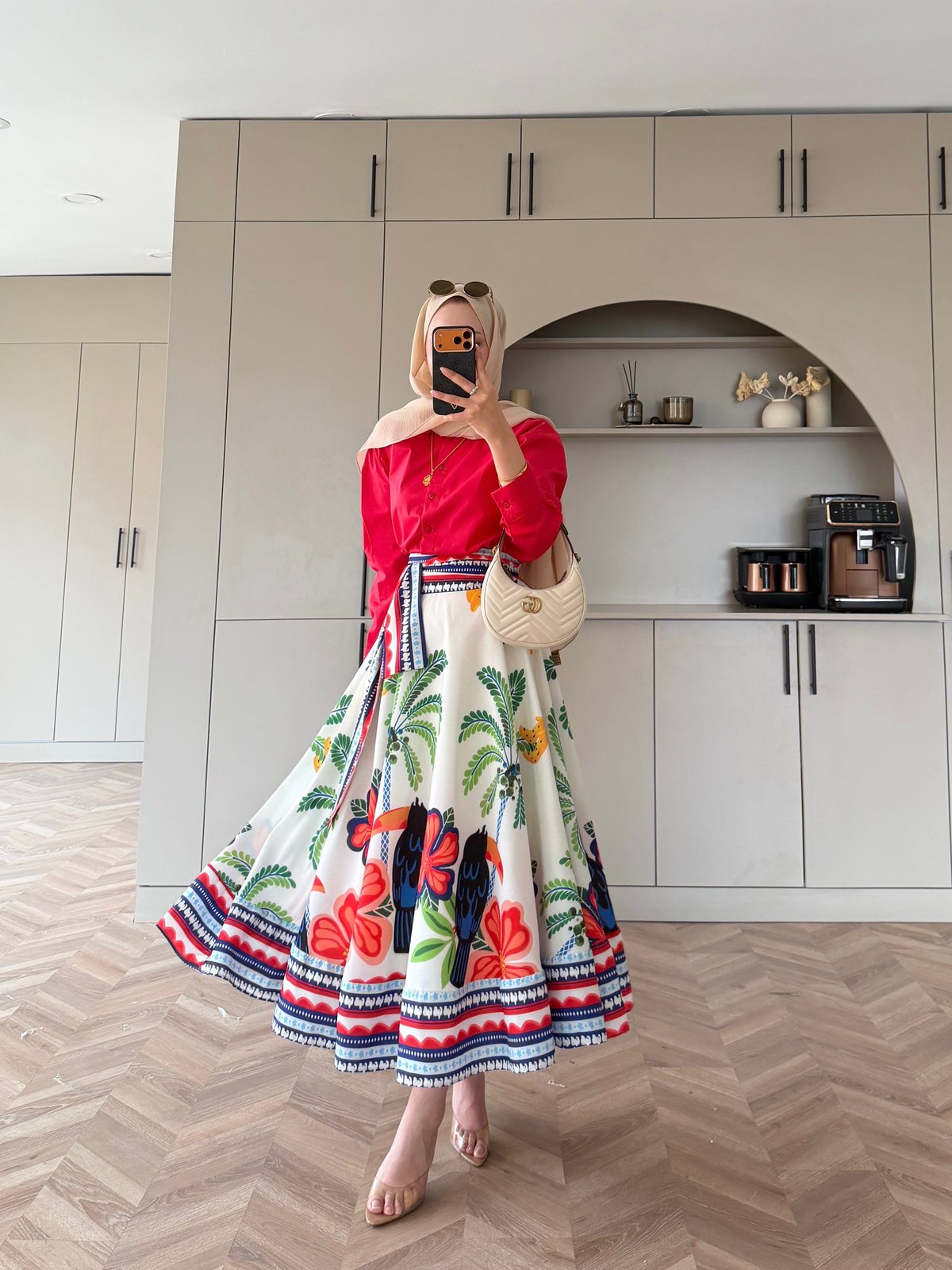 Poplin shirt with belted printed skirt co-ord set