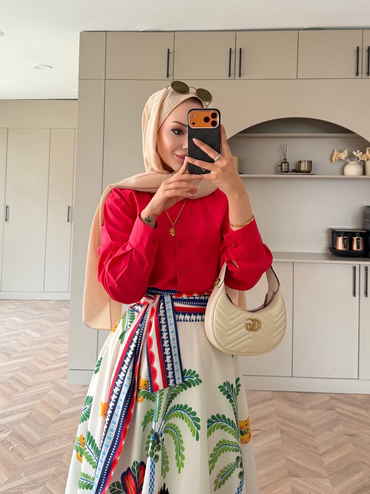 Poplin shirt with belted printed skirt co-ord set