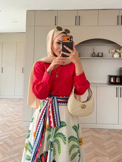 Poplin shirt with belted printed skirt co-ord set