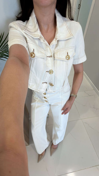 Gold Buttoned Off-White Denim Set
