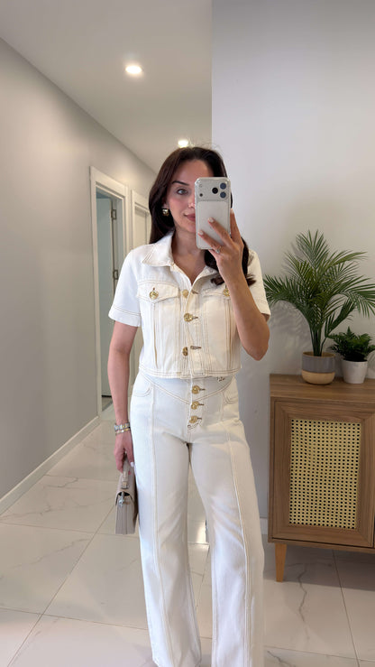 Gold Buttoned Off-White Denim Set