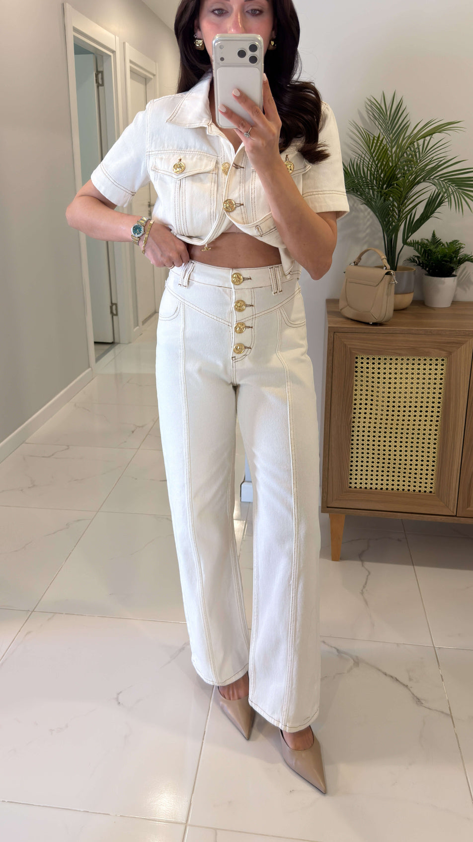 Gold Buttoned Off-White Denim Set