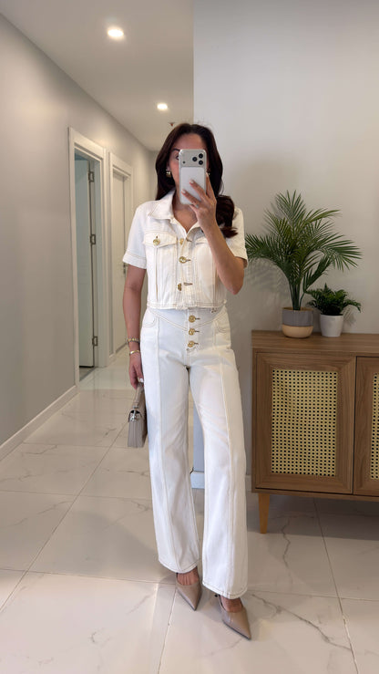 Gold Buttoned Off-White Denim Set