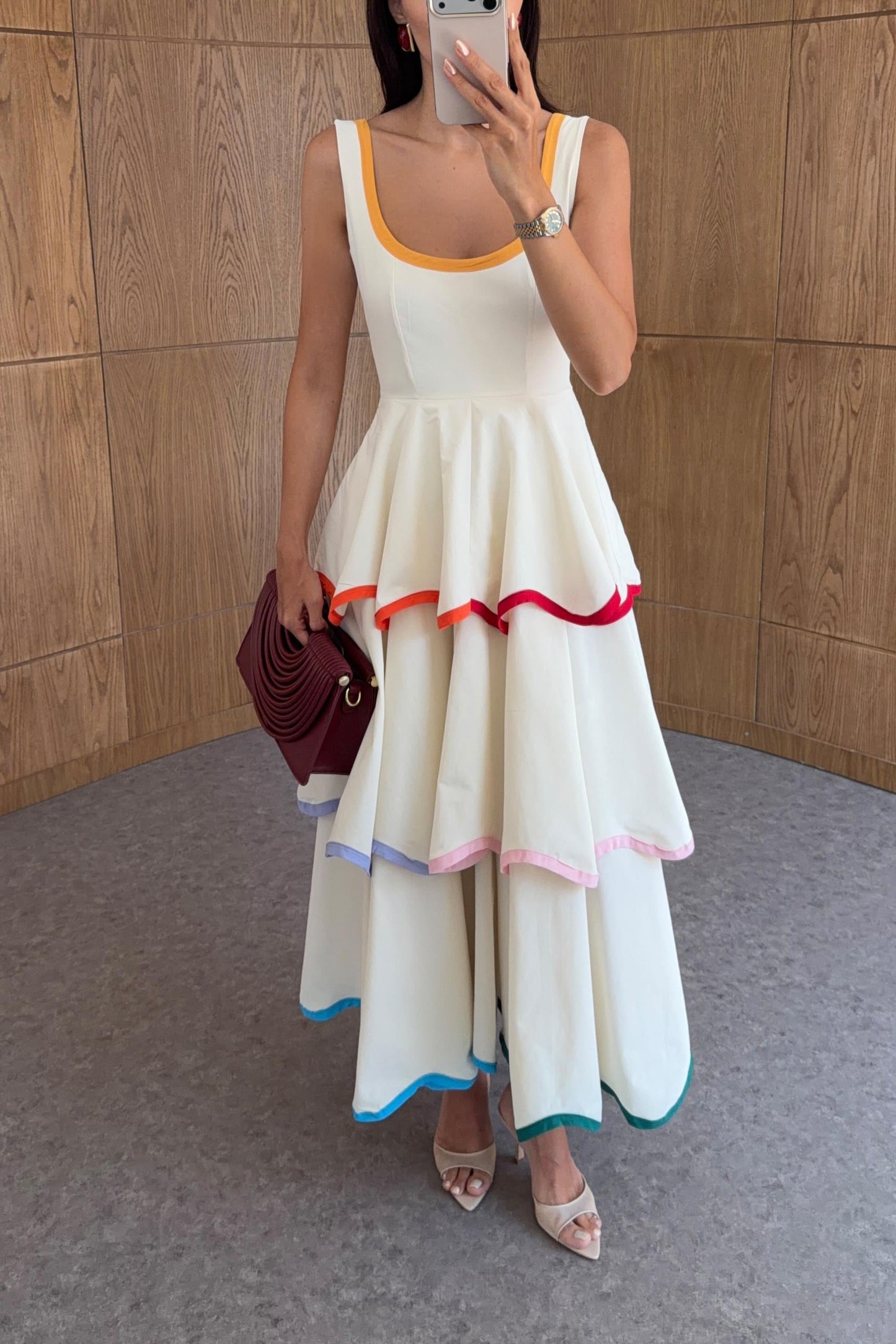 Colorful Trimmed Layered Ecru Dress ( Restock 6th of August)