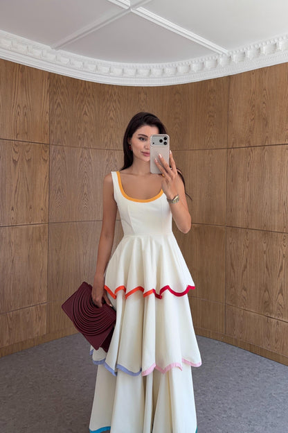 Colorful Trimmed Layered Ecru Dress ( Restock 6th of August)