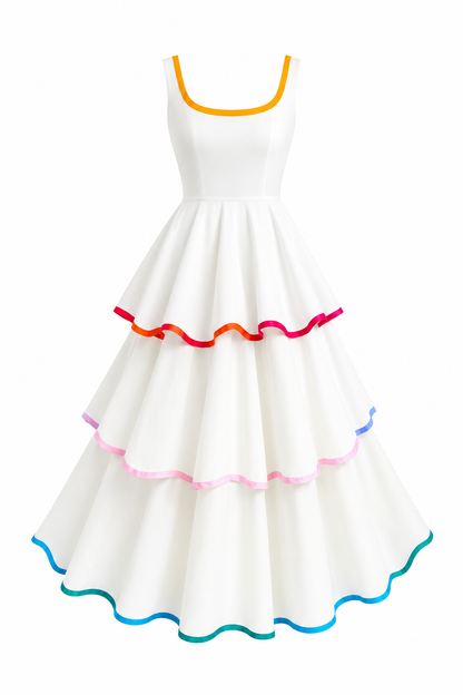 Colorful Trimmed Layered Ecru Dress ( Restock 6th of August)