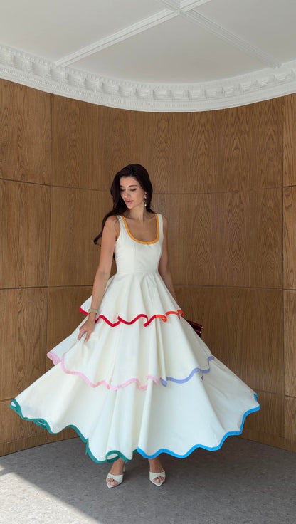 Colorful Trimmed Layered Ecru Dress ( Restock 6th of August)