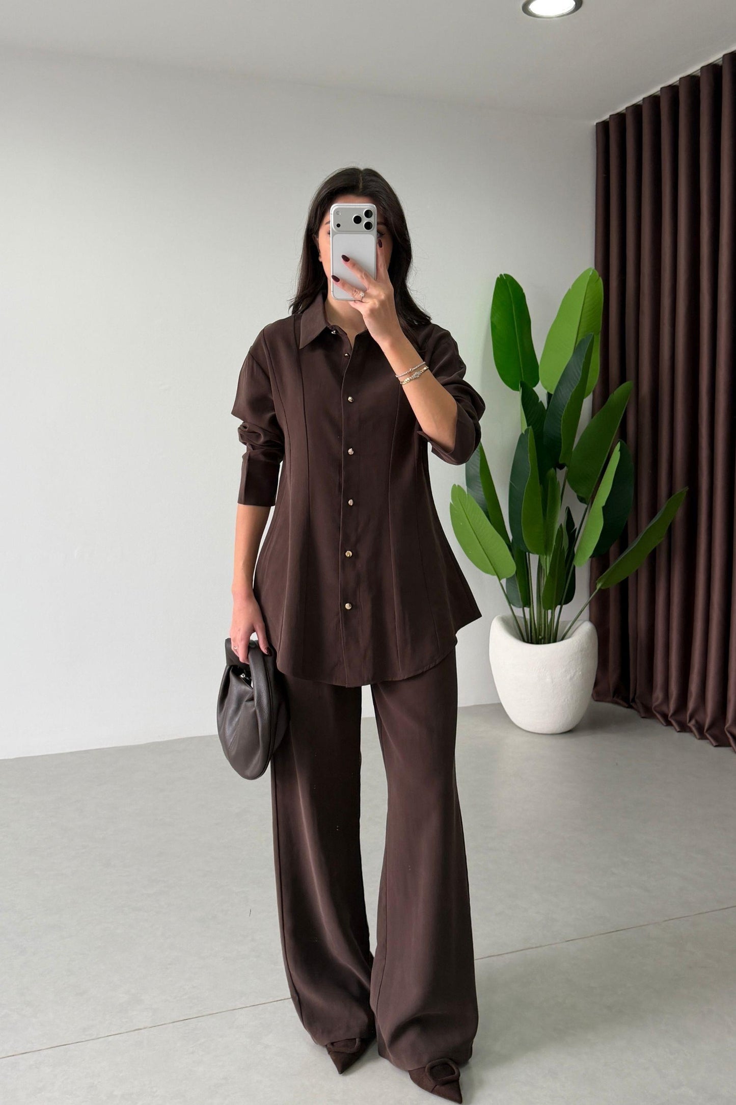 Renza brown Waist-Fit shirt and Trousers Set