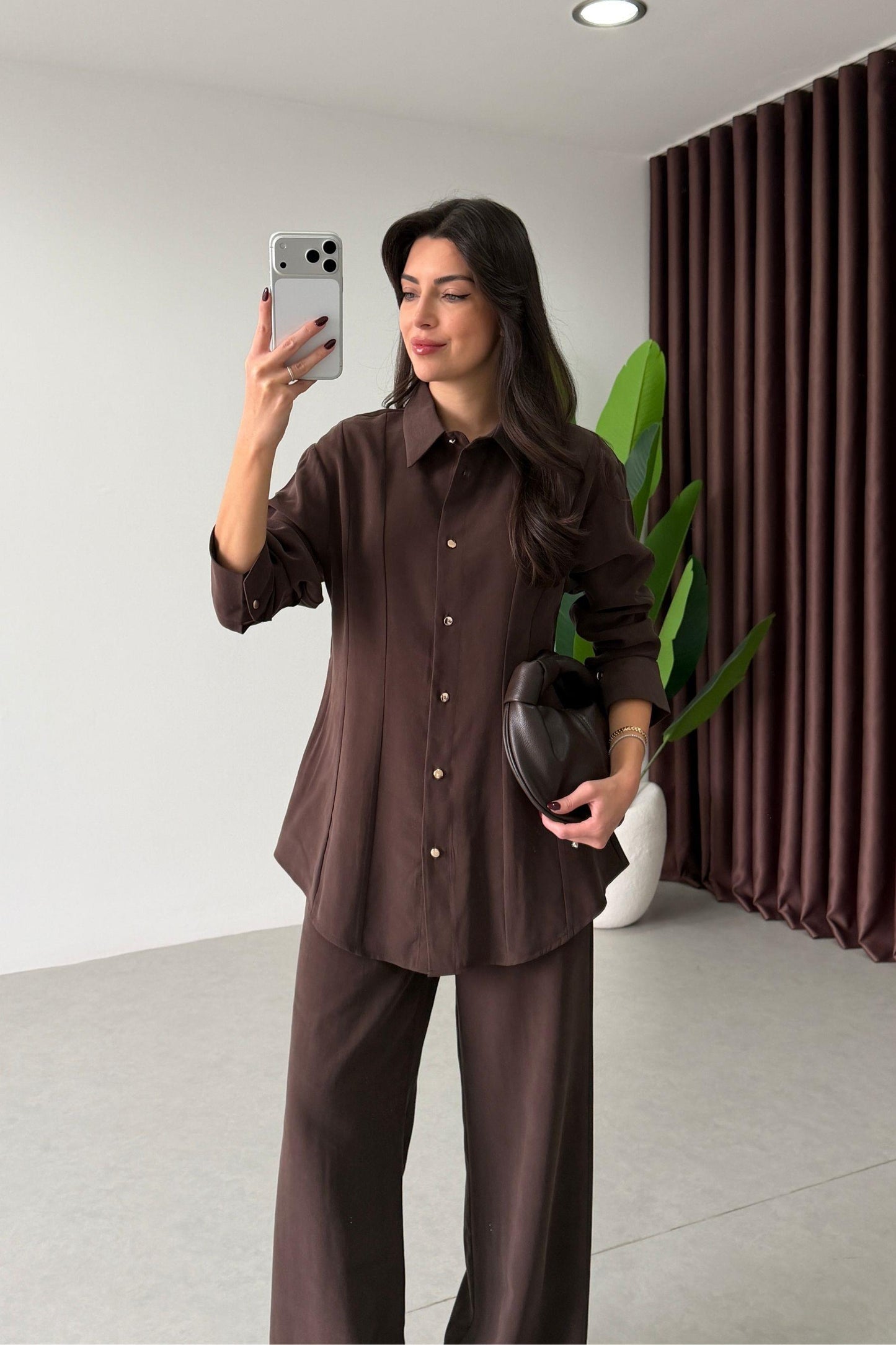 Renza brown Waist-Fit shirt and Trousers Set