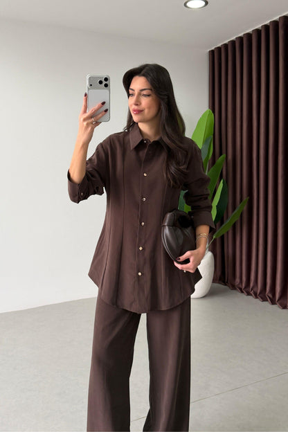 Renza brown Waist-Fit shirt and Trousers Set