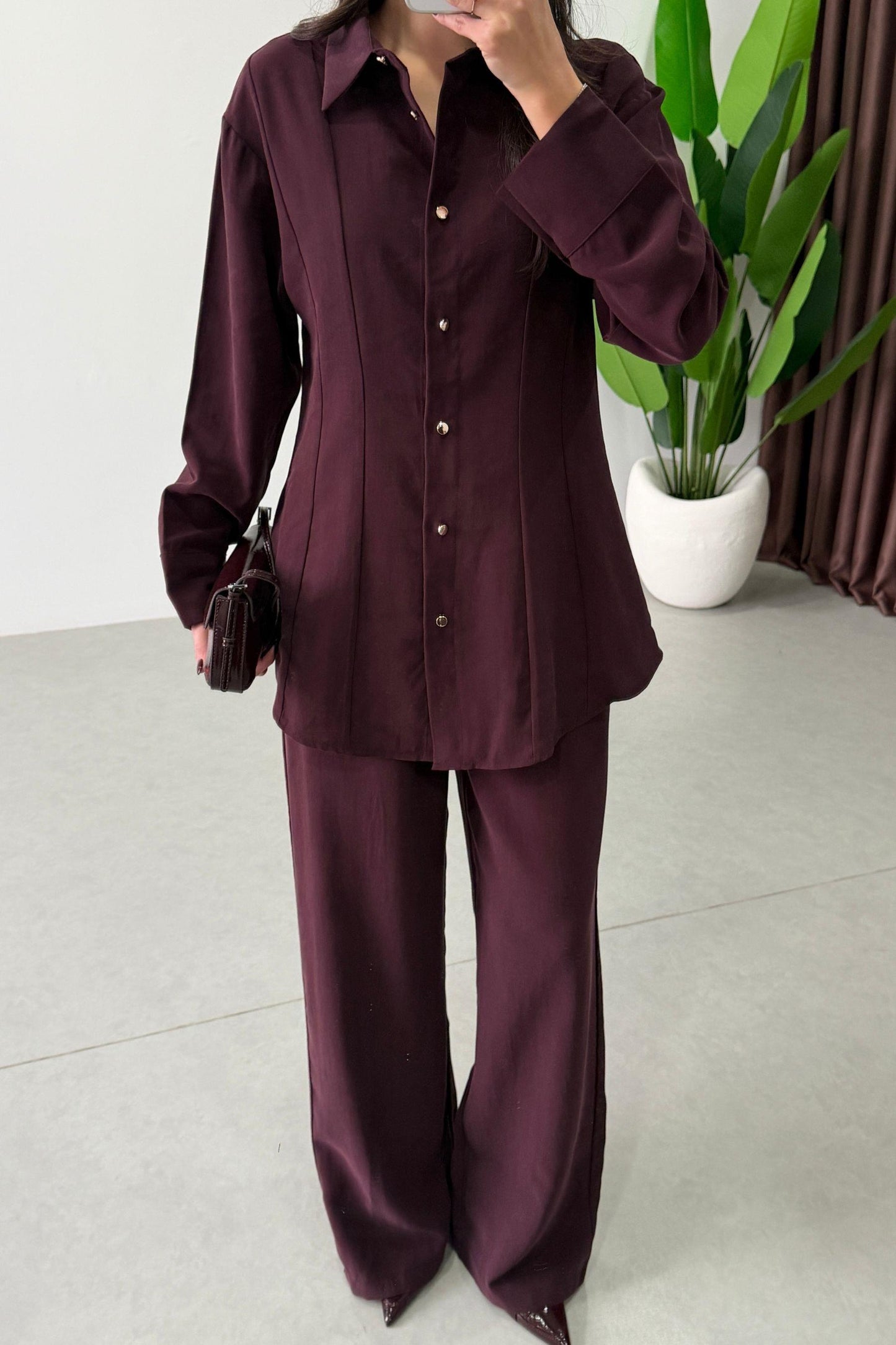 Renza Plum Waist-Fit shirt and Trousers Set