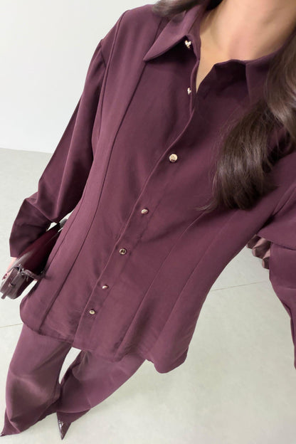 Renza Plum Waist-Fit shirt and Trousers Set