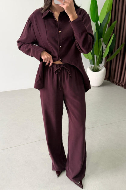 Renza Plum Waist-Fit shirt and Trousers Set