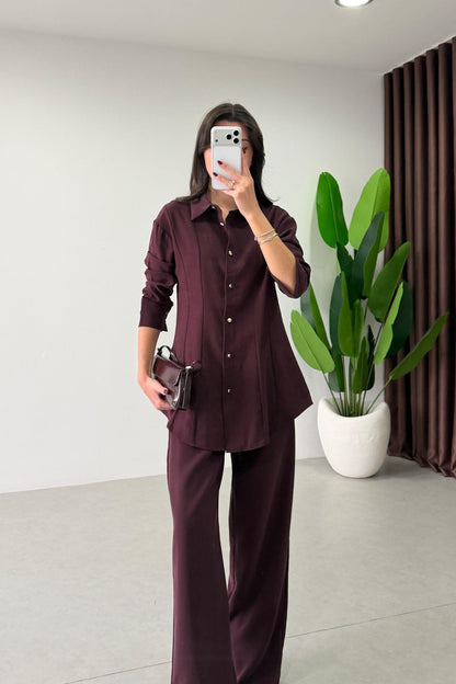 Renza Plum Waist-Fit shirt and Trousers Set