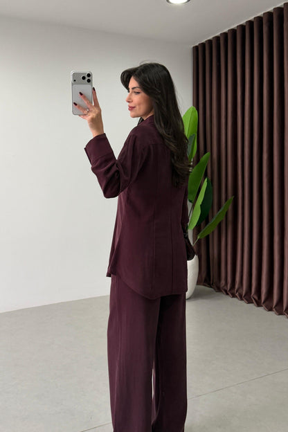 Renza Plum Waist-Fit shirt and Trousers Set