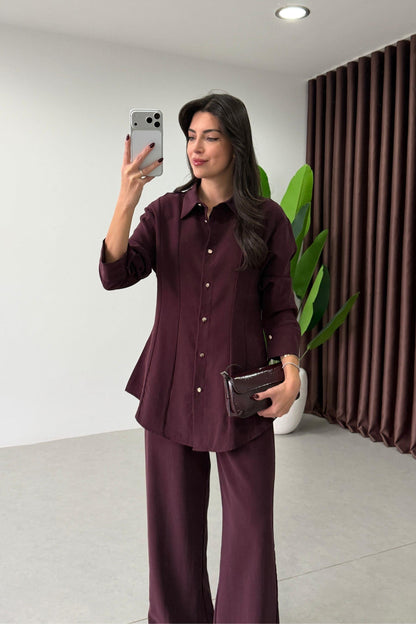 Renza Plum Waist-Fit shirt and Trousers Set