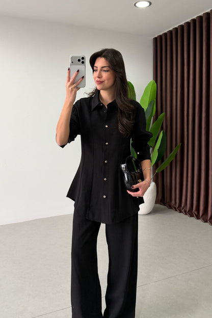 Renza black Waist-Fit shirt and Trousers Set