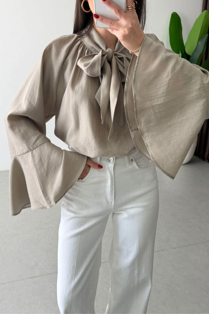 Bow-Neck Bell Sleeve Blouse