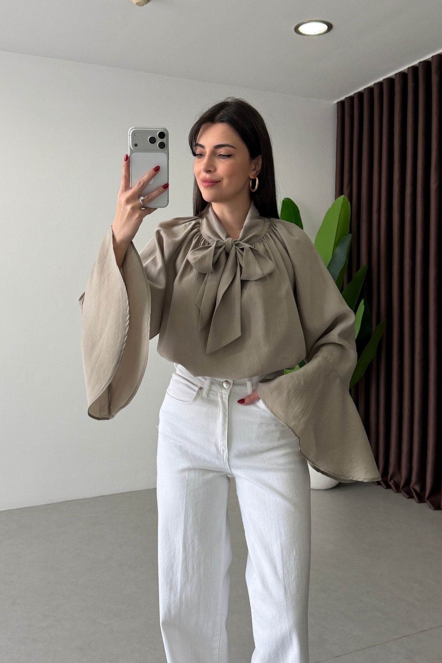 Bow-Neck Bell Sleeve Blouse