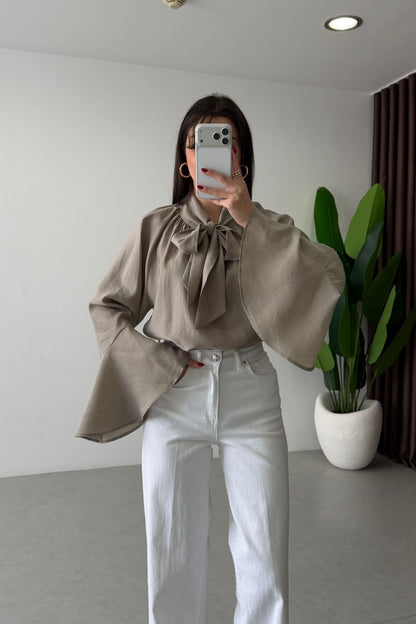 Bow-Neck Bell Sleeve Blouse