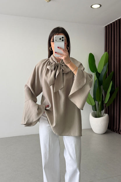 Bow-Neck Bell Sleeve Blouse