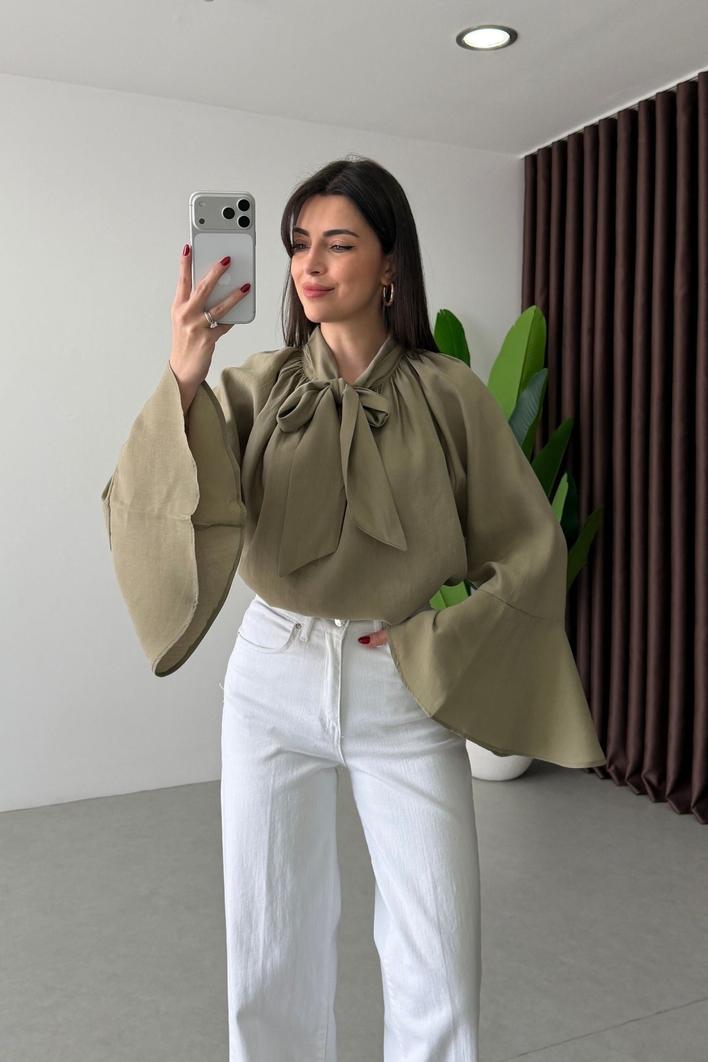 Bow-Neck Bell Sleeve Blouse