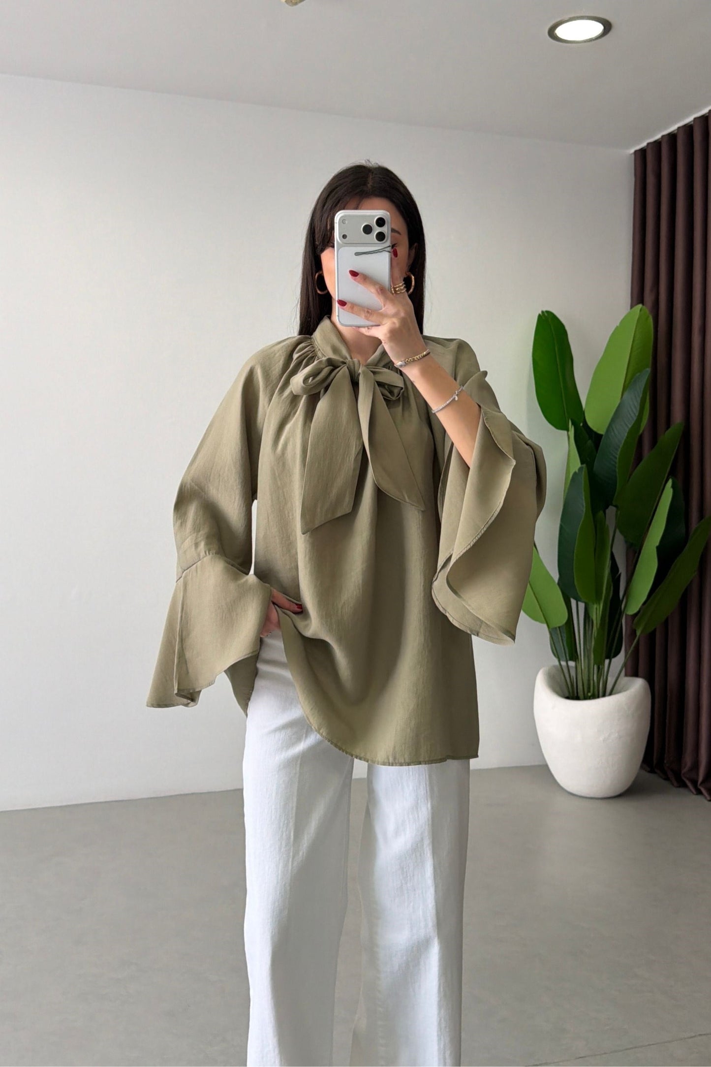 Bow-Neck Bell Sleeve Blouse