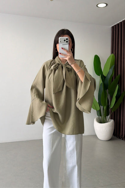 Bow-Neck Bell Sleeve Blouse