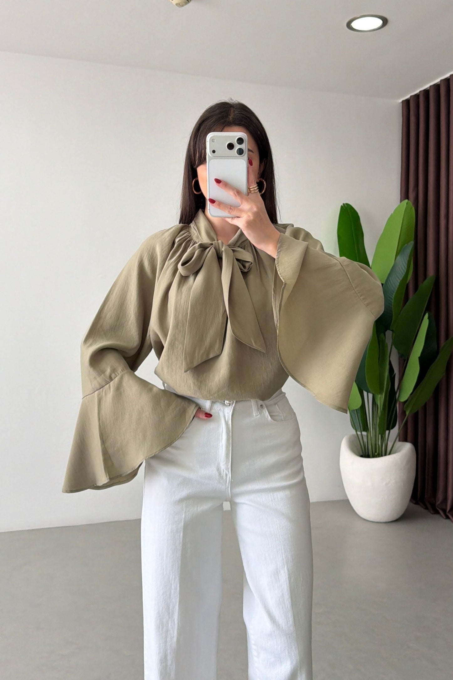 Bow-Neck Bell Sleeve Blouse