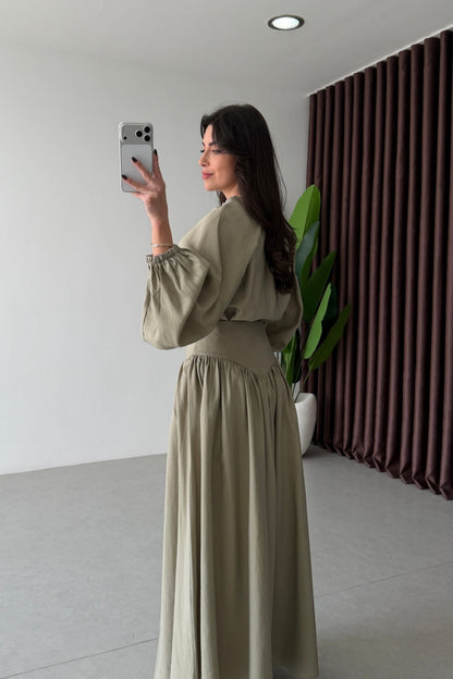 Designer Blouse waist detailed  Skirt Set -olive green