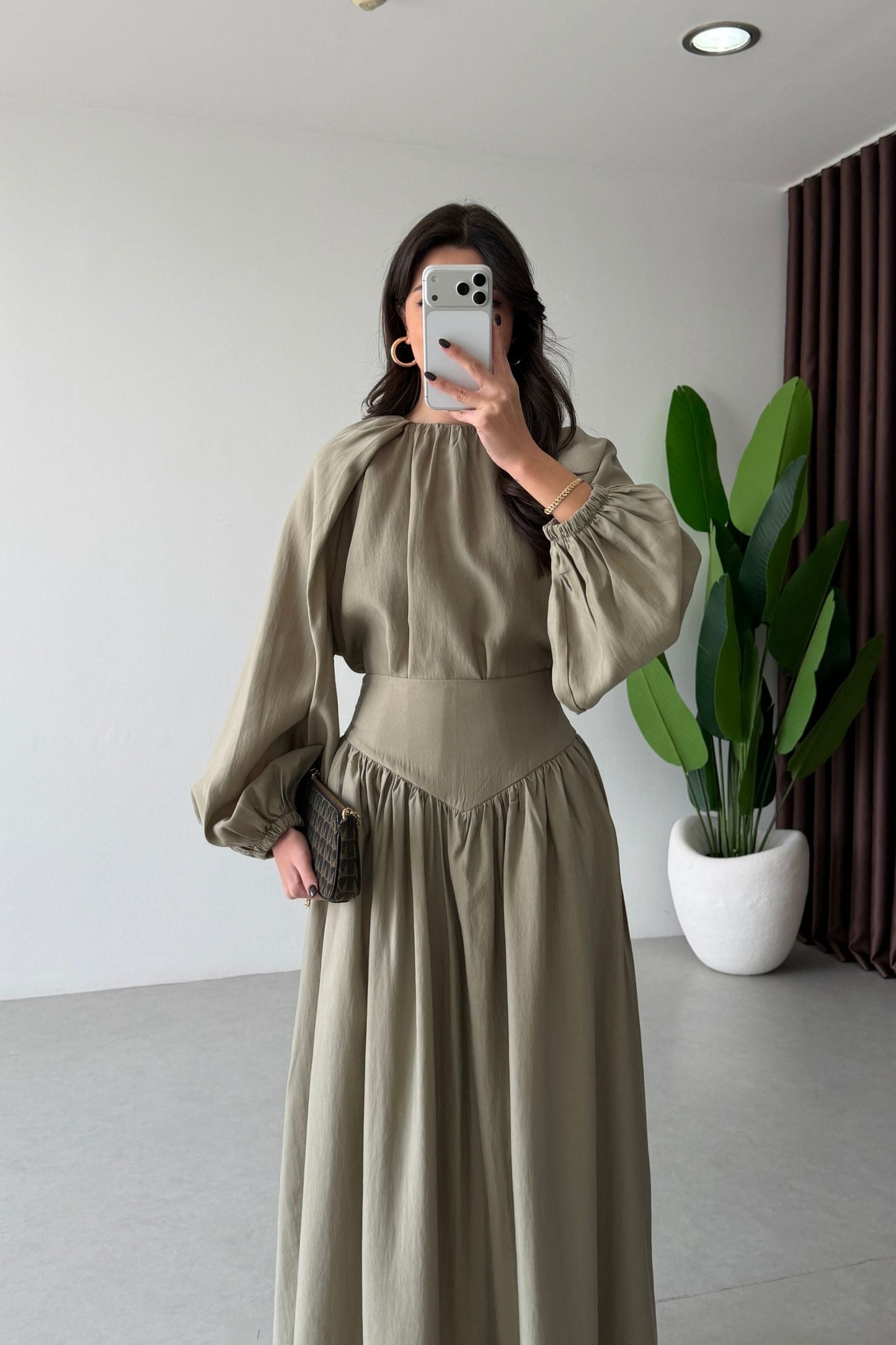 Designer Blouse waist detailed  Skirt Set -olive green