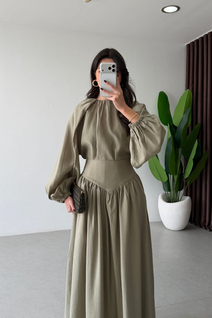 Designer Blouse waist detailed  Skirt Set -olive green