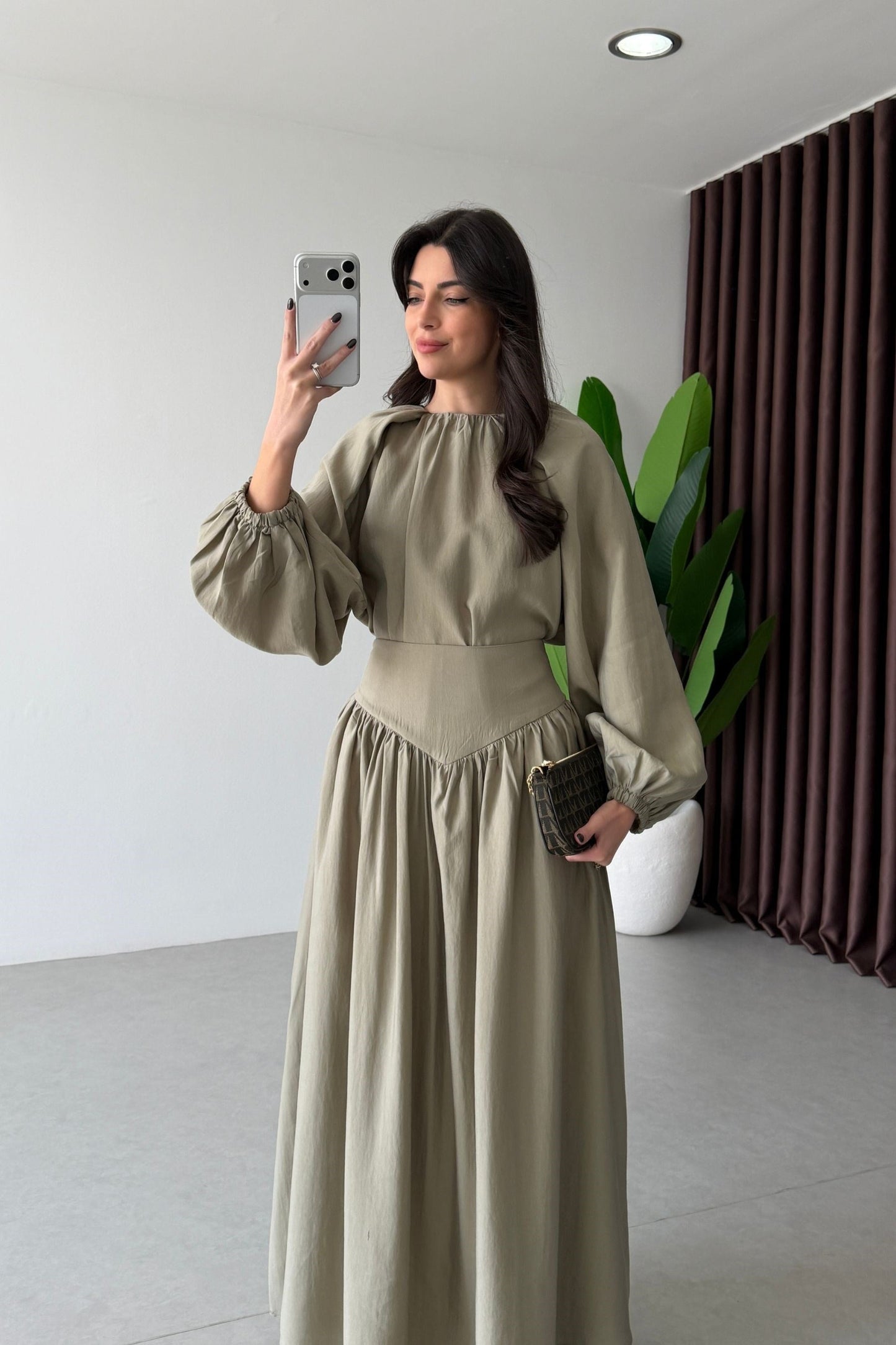 Designer Blouse waist detailed  Skirt Set -olive green