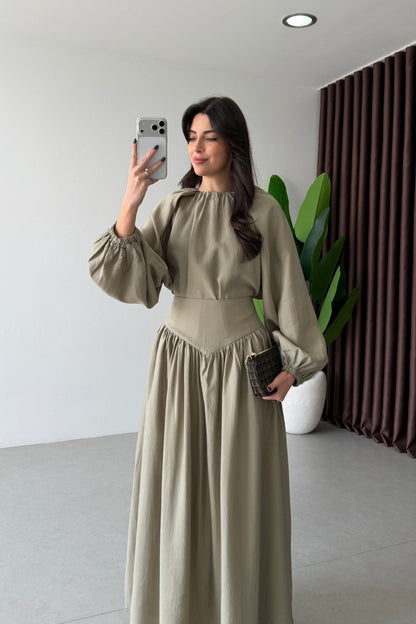 Designer Blouse waist detailed  Skirt Set -olive green
