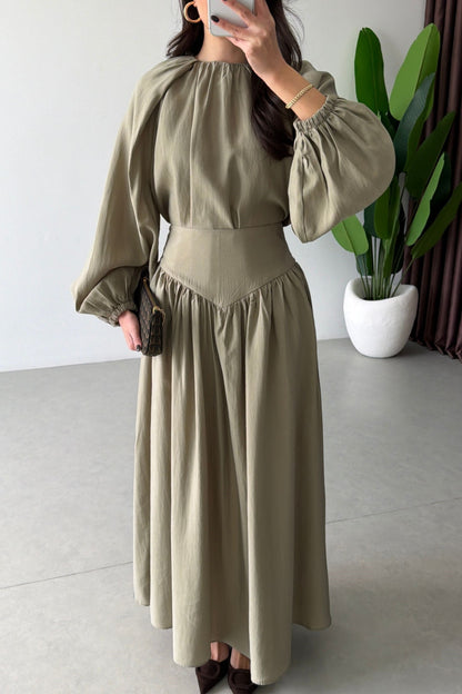 Designer Blouse waist detailed  Skirt Set -olive green