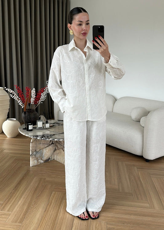 Textured Co-Ord Set with Relaxed Shirt and Wide-Leg Pants