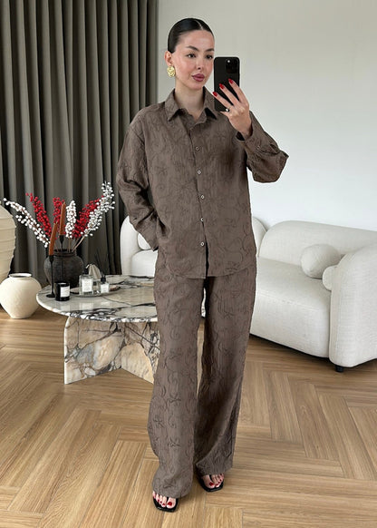 Textured Co-Ord Set with Relaxed Shirt and Wide-Leg Pants