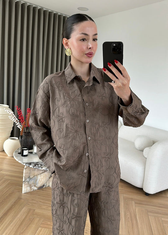 Textured Co-Ord Set with Relaxed Shirt and Wide-Leg Pants