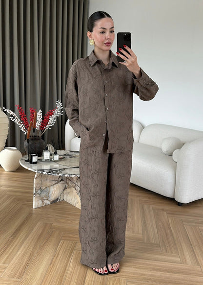 Textured Co-Ord Set with Relaxed Shirt and Wide-Leg Pants