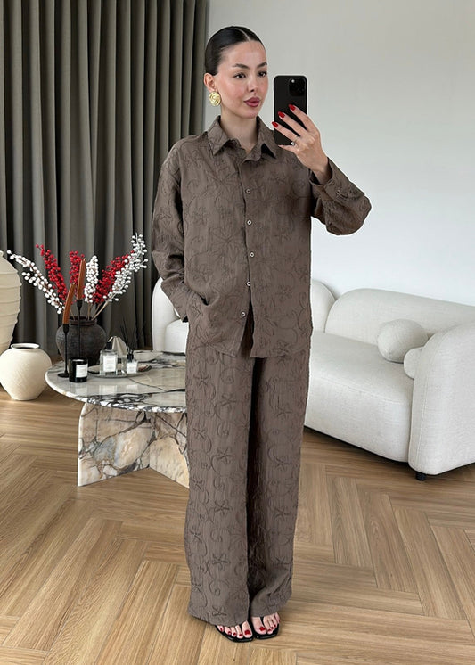 Textured Co-Ord Set with Relaxed Shirt and Wide-Leg Pants