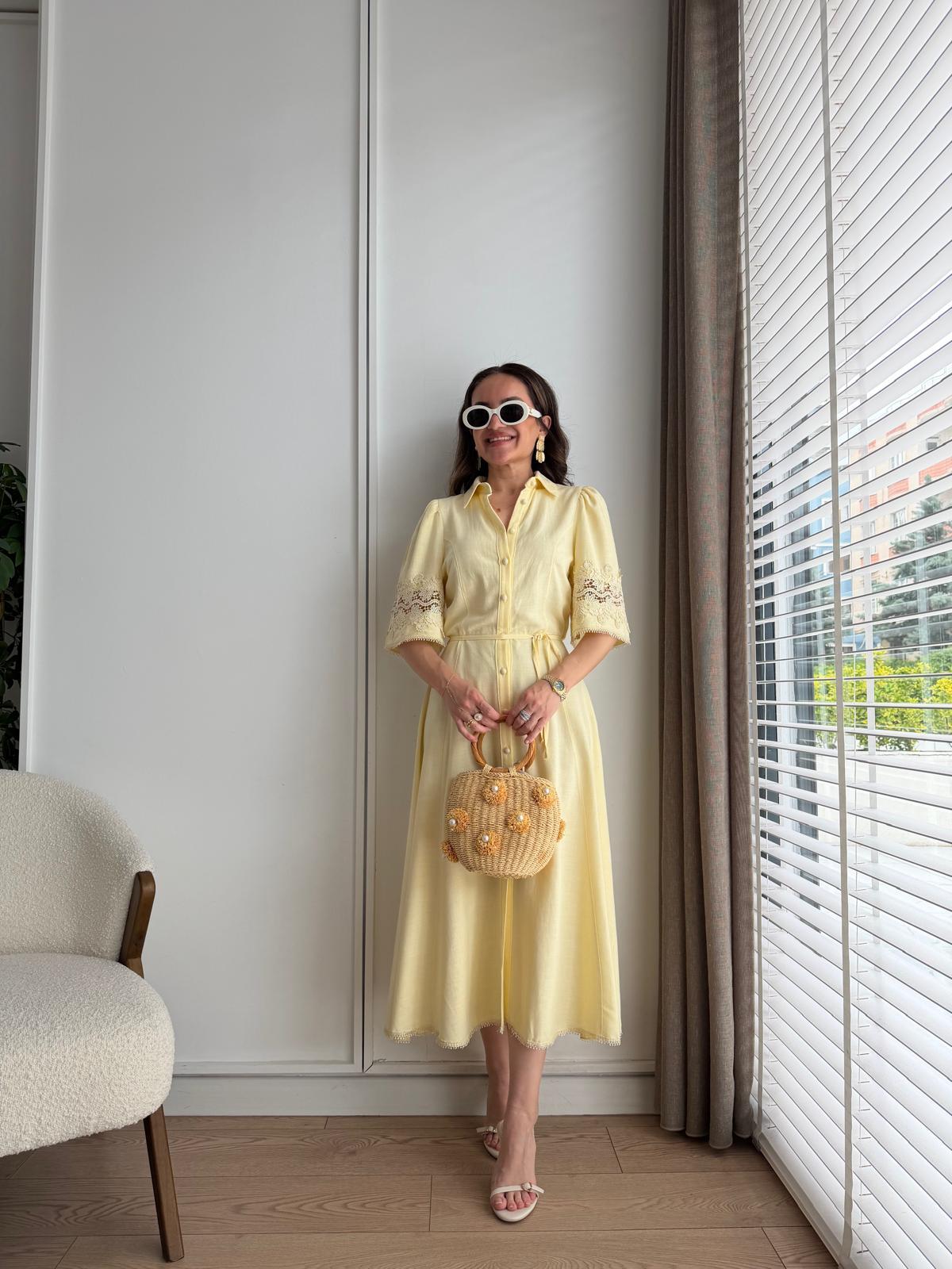 Yellow Dress with Lace Detail on Sleeves