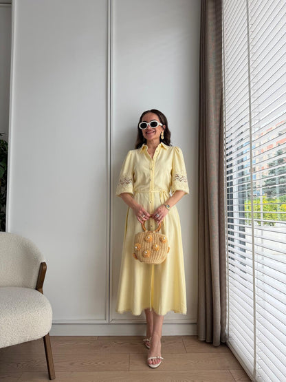 Yellow Dress with Lace Detail on Sleeves