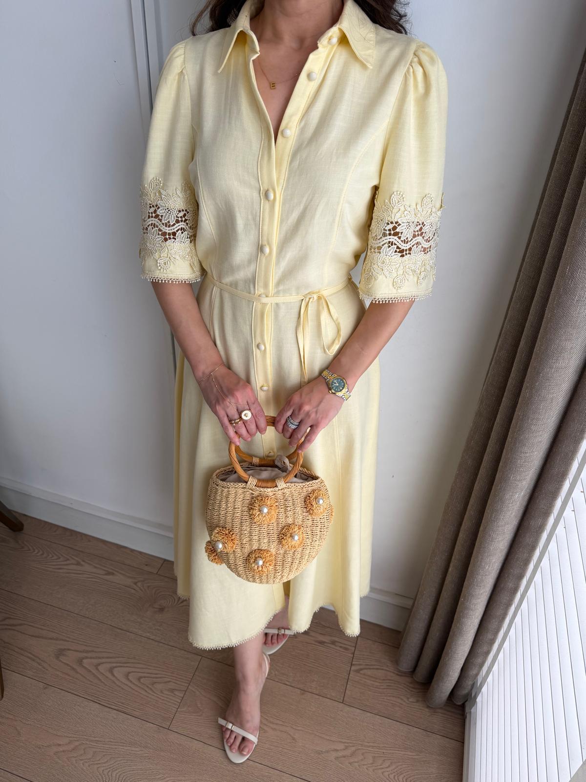 Yellow Dress with Lace Detail on Sleeves