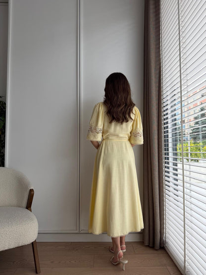 Yellow Dress with Lace Detail on Sleeves