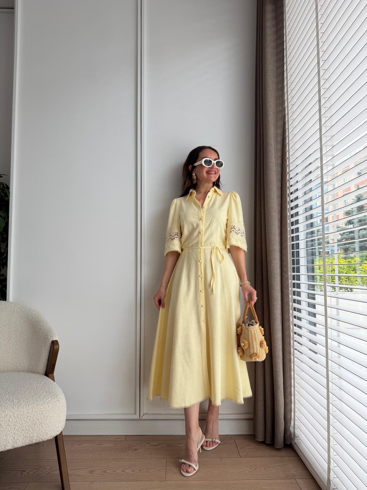 Yellow Dress with Lace Detail on Sleeves