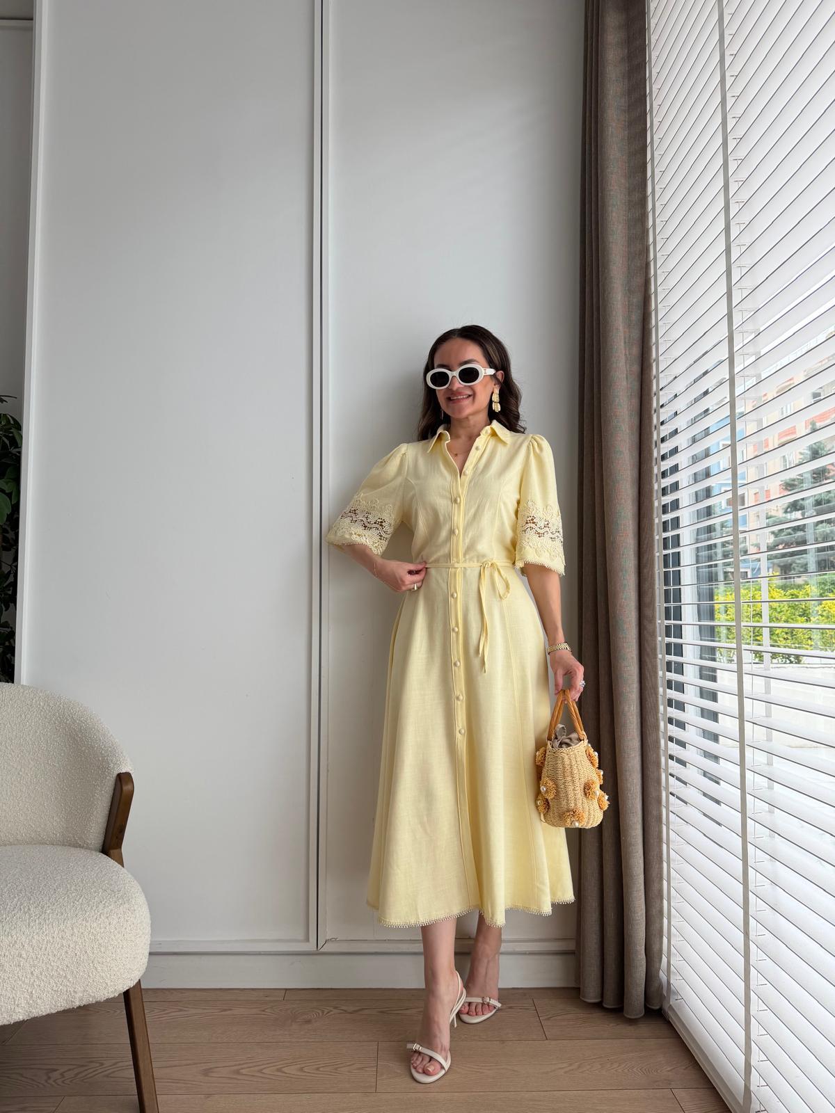 Yellow Dress with Lace Detail on Sleeves