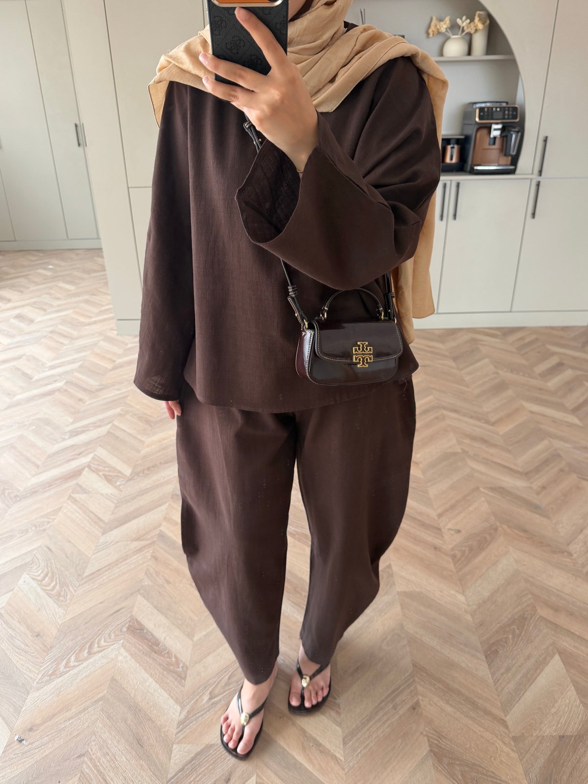 Belted blouse with barrel leg trouser linen set- brown