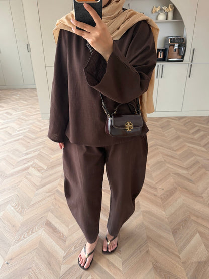 Belted blouse with barrel leg trouser linen set- brown