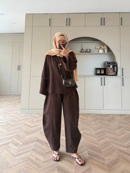 Belted blouse with barrel leg trouser linen set- brown